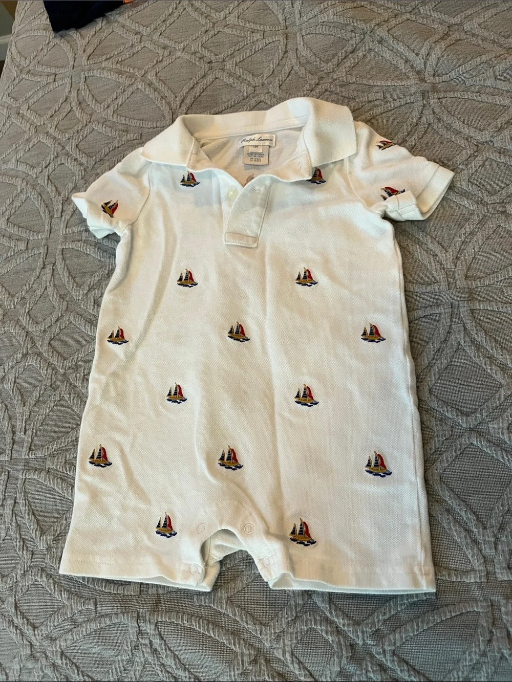 Ralph Lauren White Polo Romper with Nautical Sailboat Embroidery